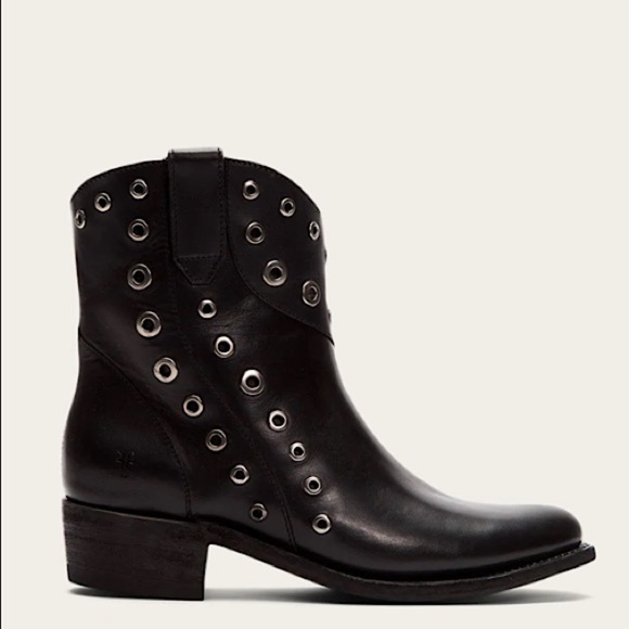 Frye Shoes - Frye Diana Grommet Black Leather Studded Short Moto Pull On Western Ankle Boots